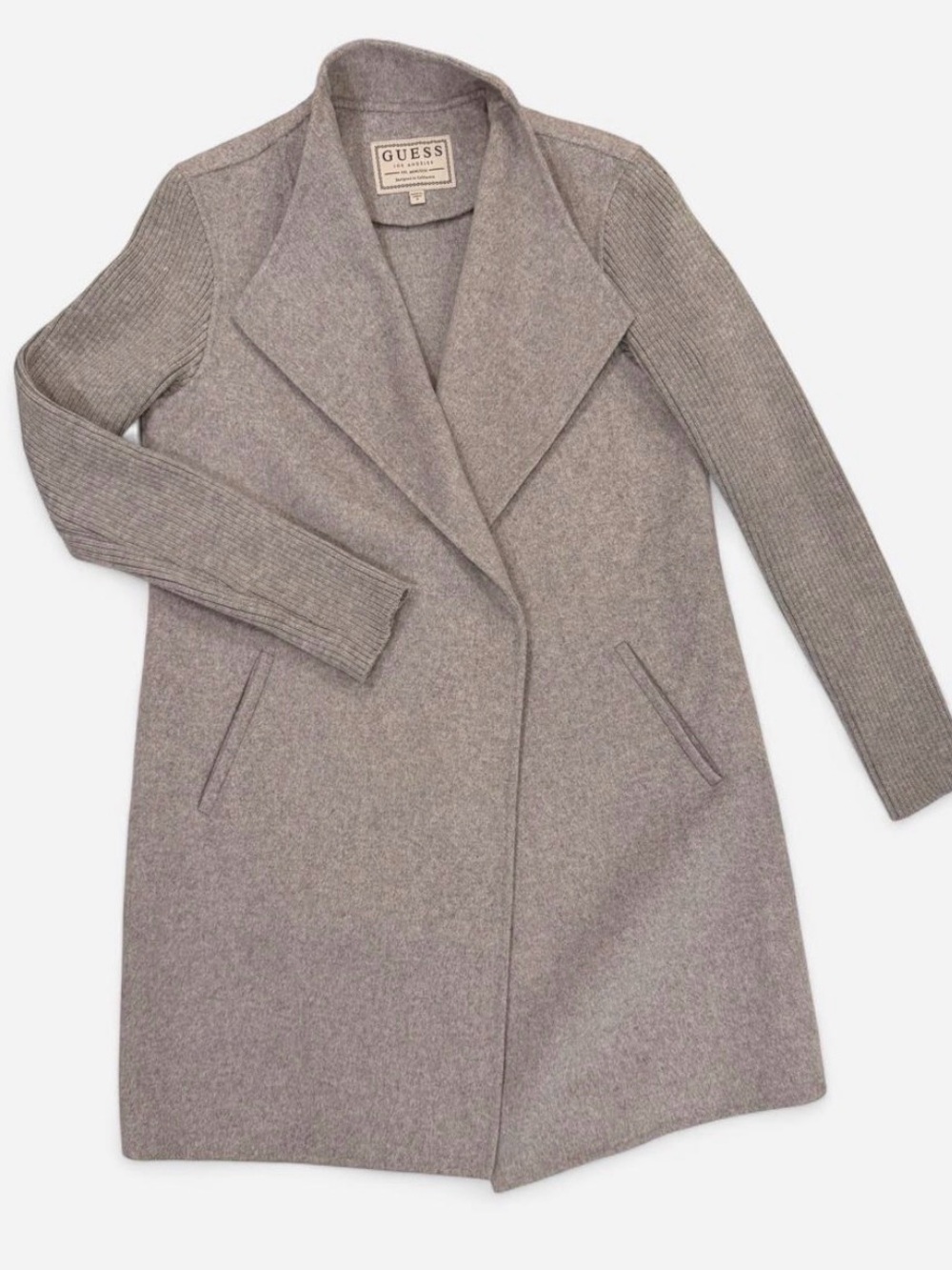 GUESS Gray Mixed Media Long Coatigan Ribbed Sleeve Coat Size Small - Retail $298
